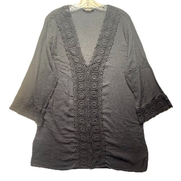 La Blanca Deep V Neck Black Lace Trim Lightweight Beach Tunic Swim Cover-Up Sz L - Picture 1 of 9